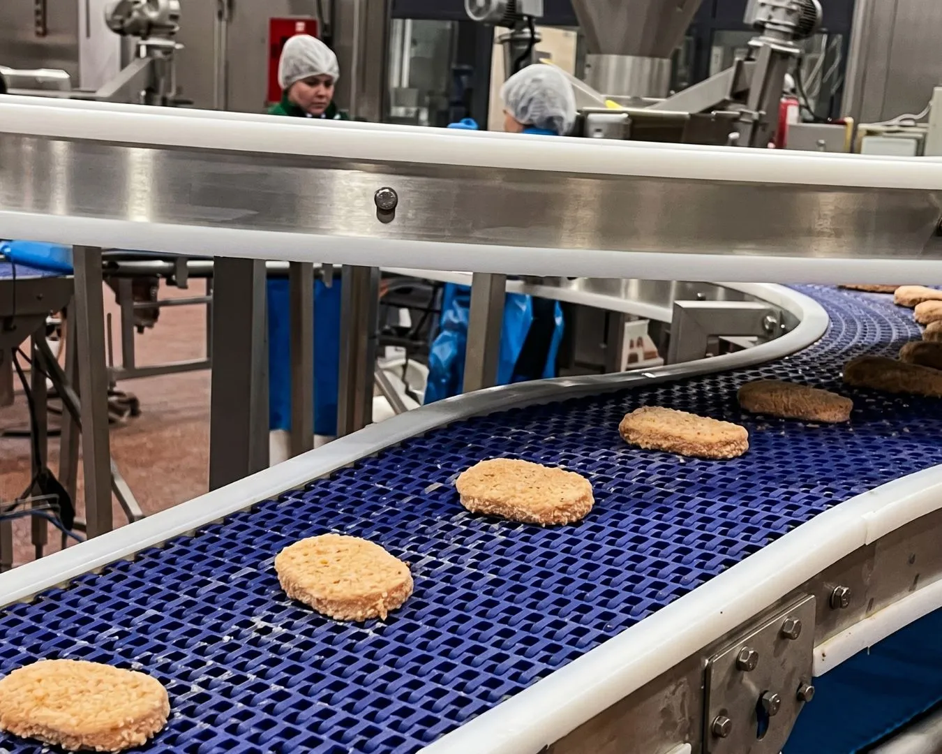 Mitarbeiterinnen an einer Förderlinie mit panierten Produkten