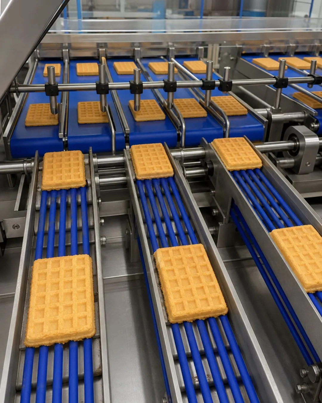 Waffeln laufen in mehreren Bahnen über eine Förderstrecke